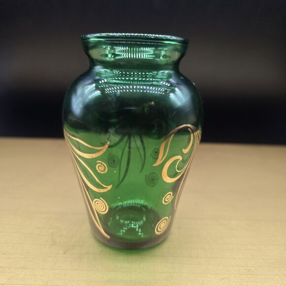 VTG Forest Green Depression Glass Vase Embellished w Gold Gilt Leaves 3.5" tall - Picture 3 of 8